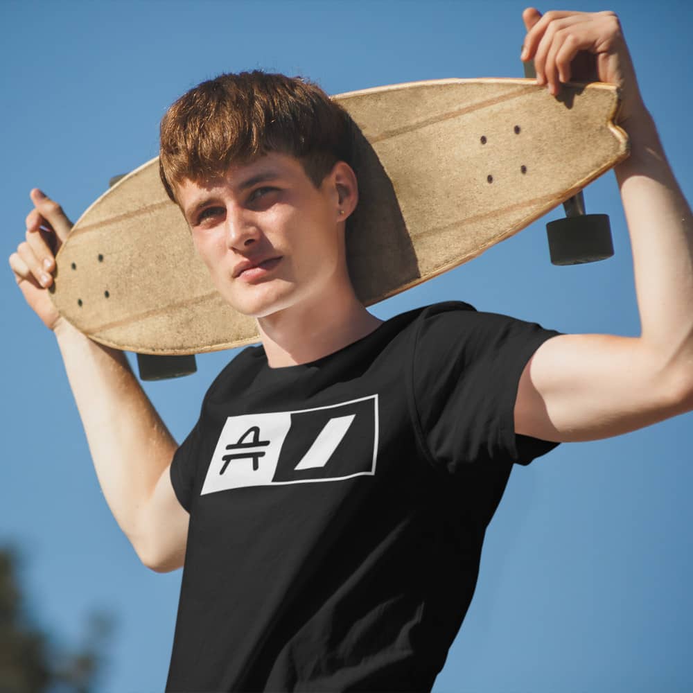 skatboarder wearing a black amp swagg amp + anvil t-shirt
