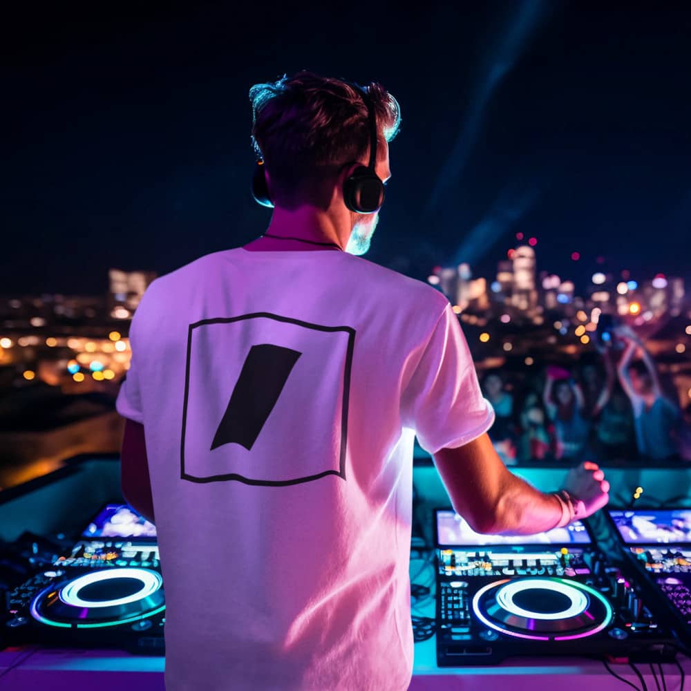 an edm dj wearing an amp swagg anvil t-shirt in white