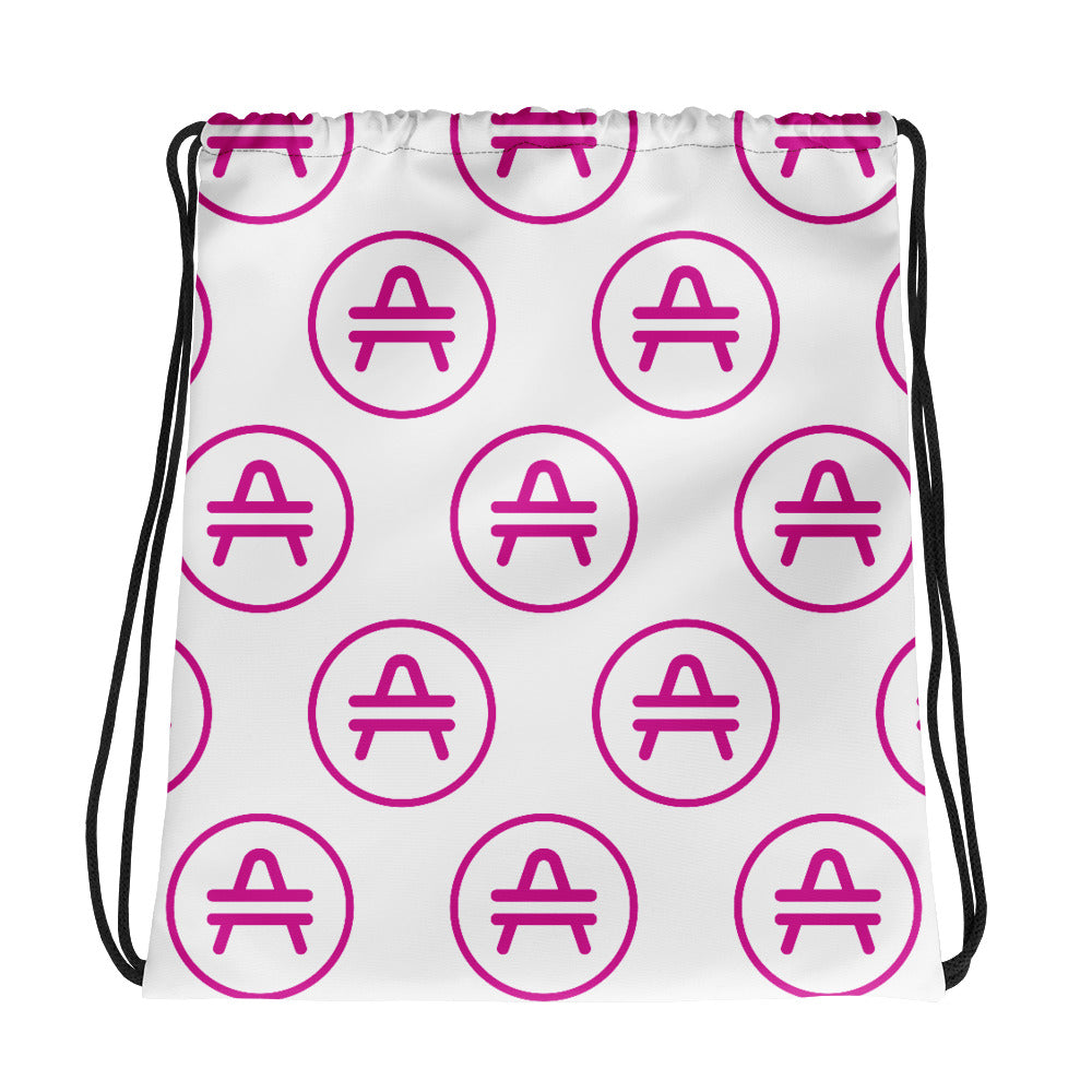 A White AMP Token AMP Swagg drawstring bag in a stencil design
