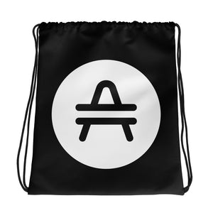 A black AMP Token AMP Swagg Drawstring bag with a white AMP Token Logo