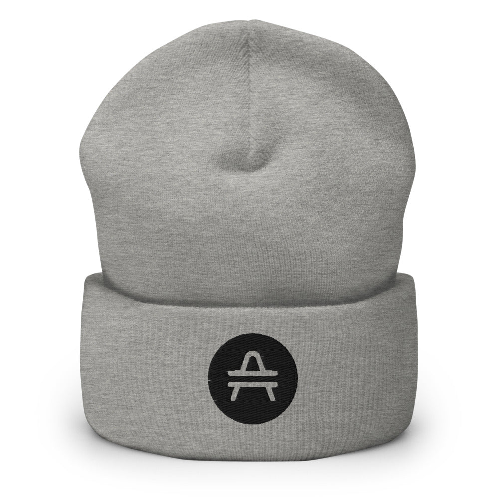 A grey AMP Token AMP swagg beanie