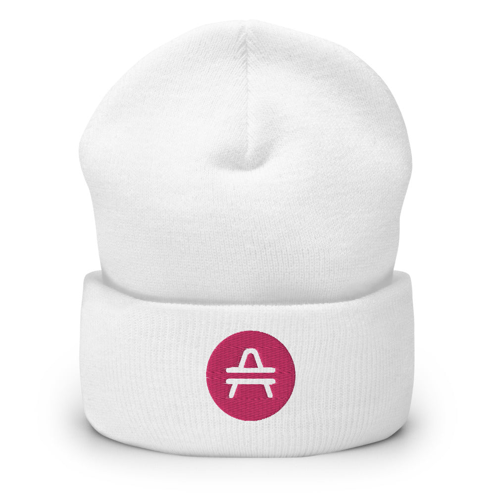 A white AMP Token AMP swagg beanie