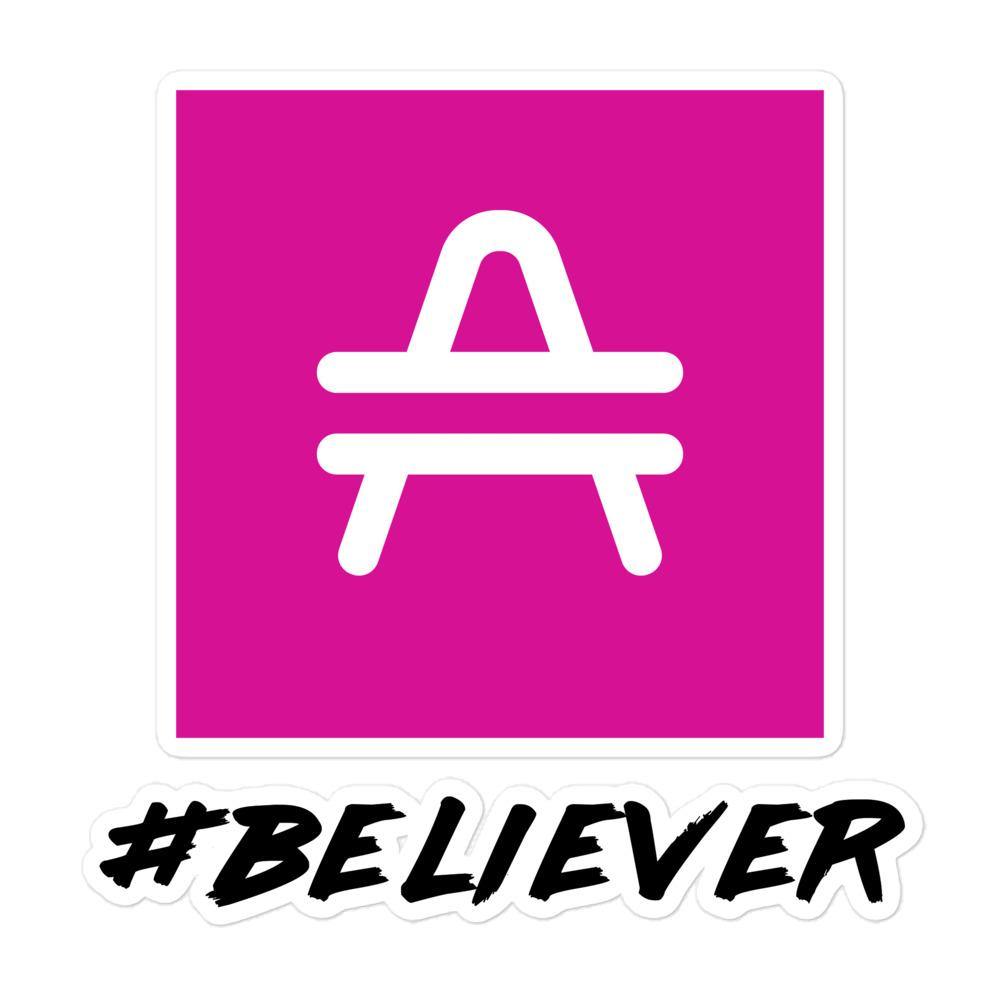 AMP Token Believer Sticker in a large size on display