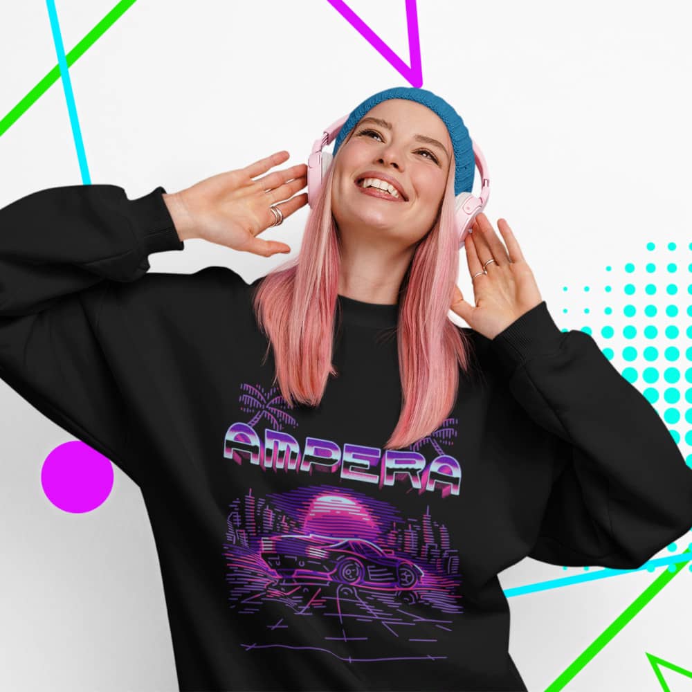 a blonde girl rocking headphones wearing an amp swagg ampera throwback sweatshirt in black