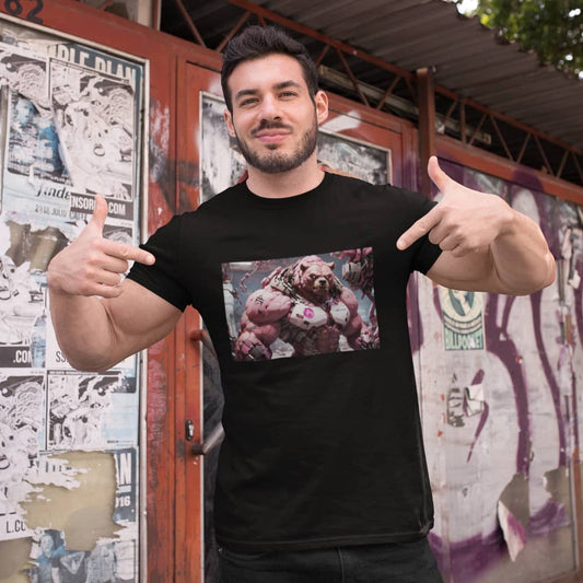 a buff guy wearing an amp swagg bulish amp bear t-shirt in black