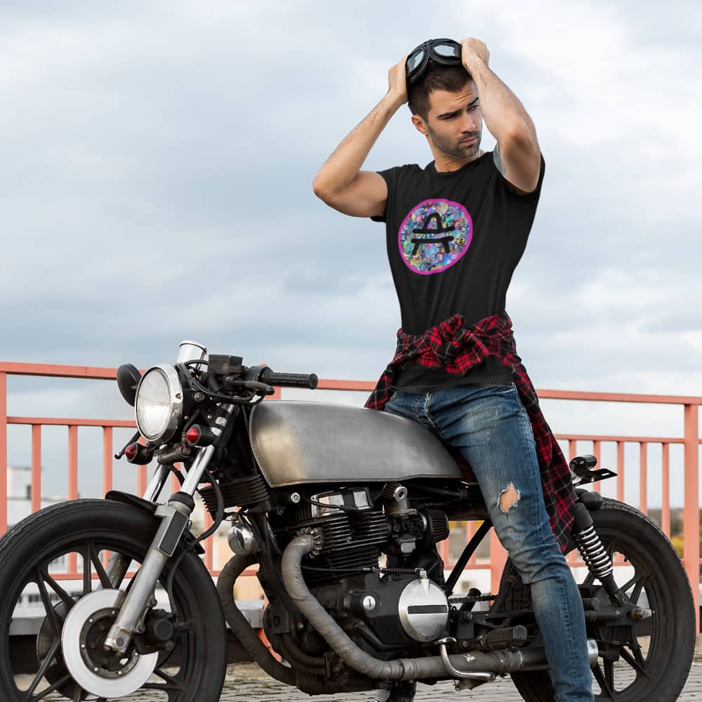 a biker man wearing a black amp swagg mosaic t-shirt