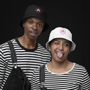 man and woman rocking an amp swagg bucket hat in black and white