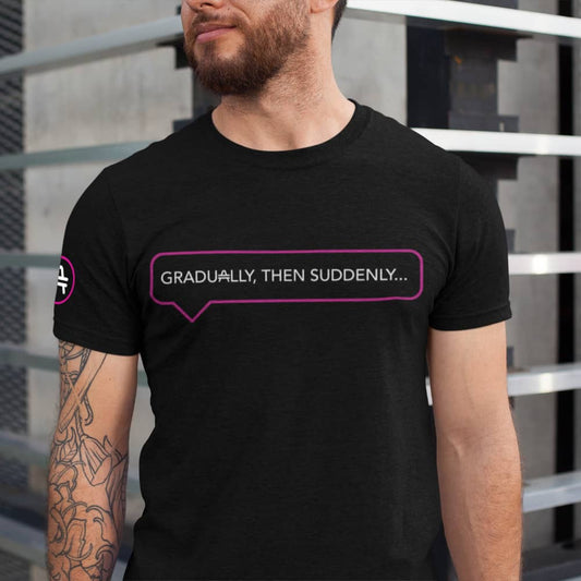 bearded guy wearing an AMP swagg gradually t-shirt in black