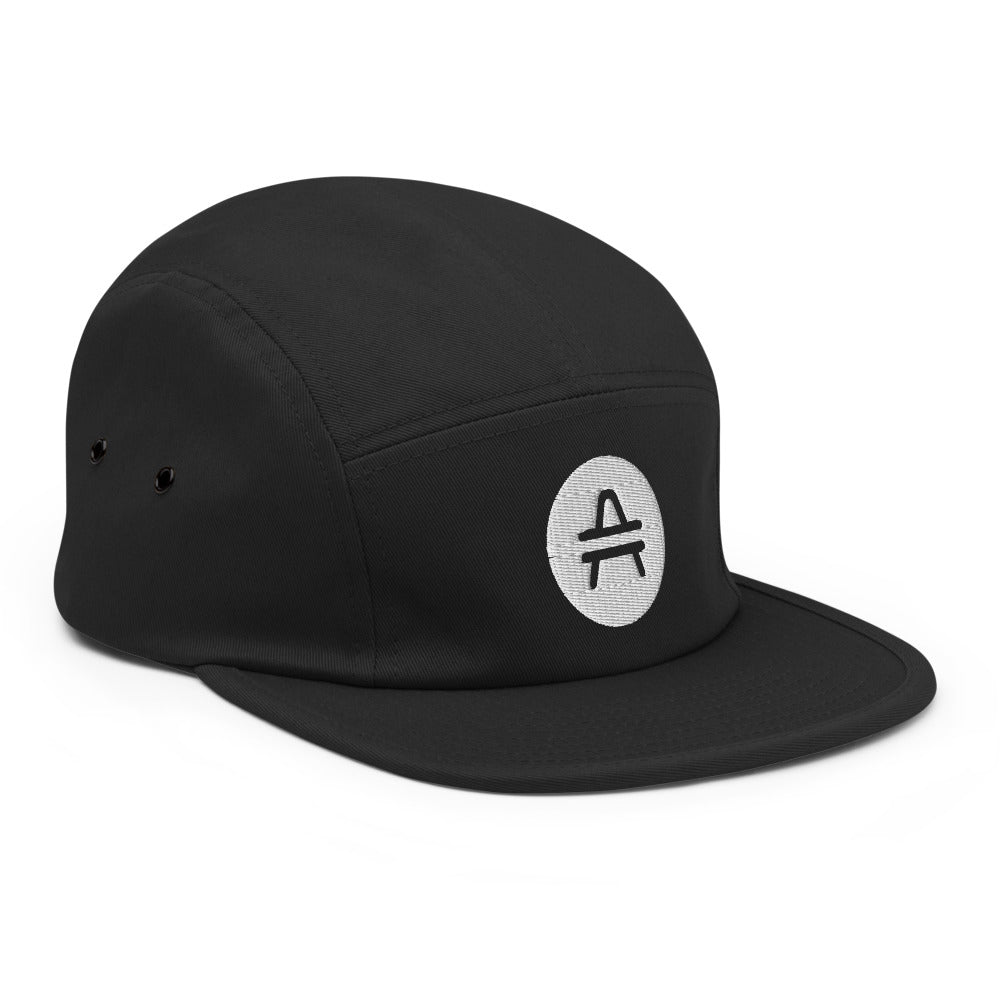 A black 5 panel cap with an AMP Token AMP swagg alt-logo