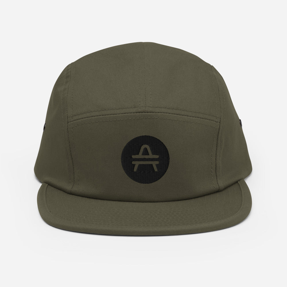 A dark green 5 panel cap with an AMP Token AMP swagg alt-logo
