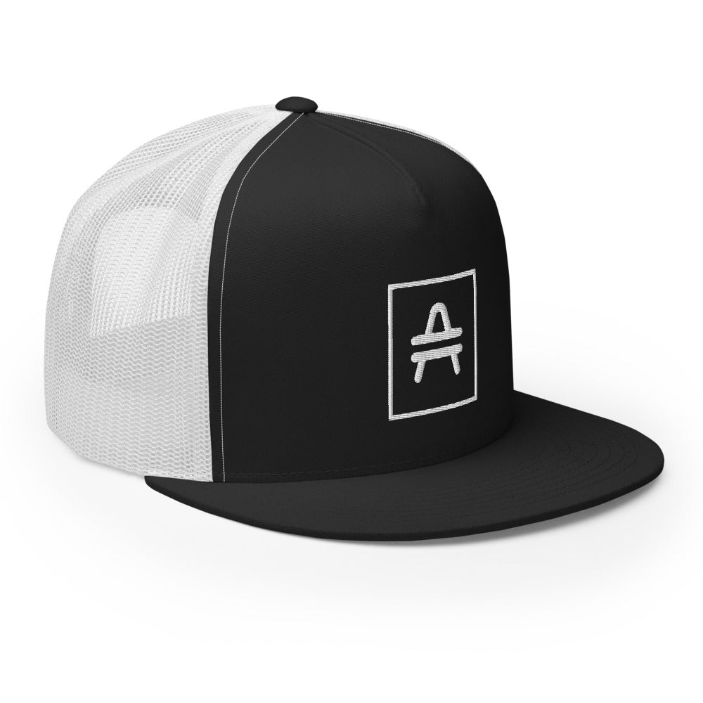 an AMP Swagg Vertices Trucker Hat in Black & White