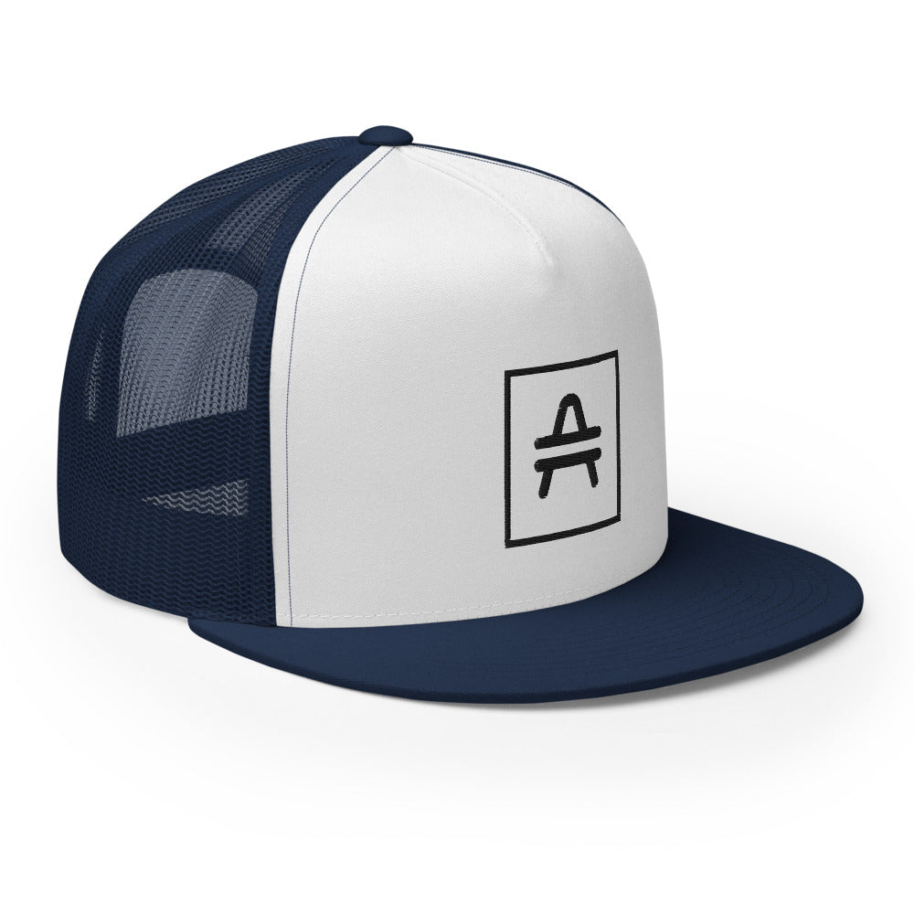 an AMP Swagg Vertices Trucker Hat in White & Navy