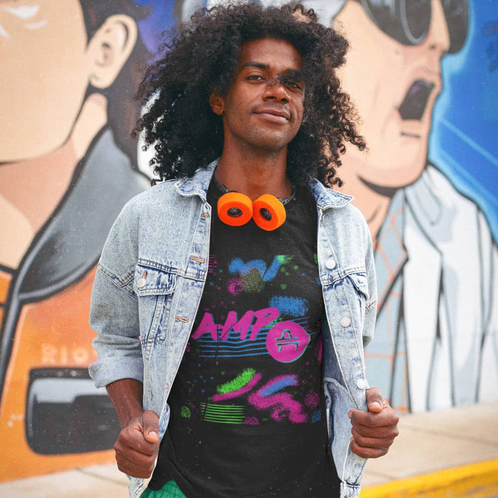 a man wearing an AMP Swagg retro T-shirt in black