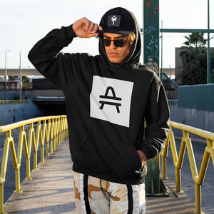 a man wearing a black AMP token AMP swagg alt-logo hoodie