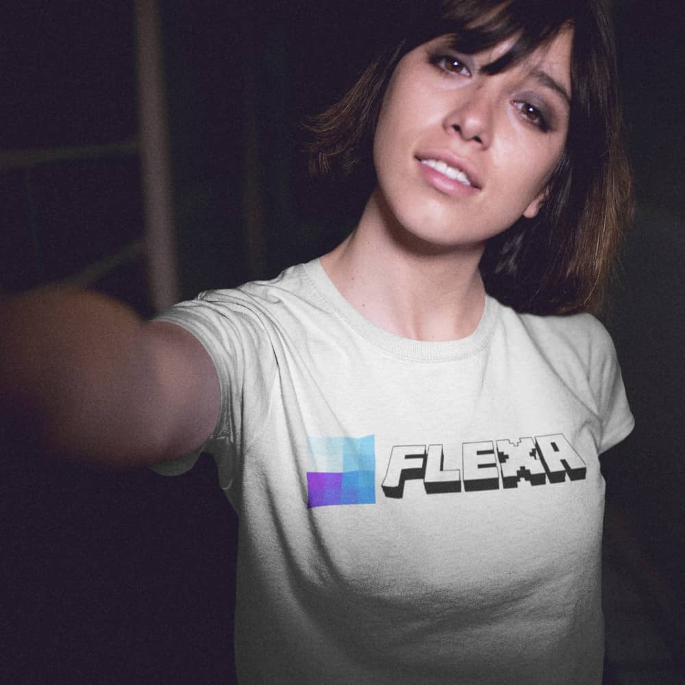 A girl rocking an AMP Swagg Flexa blocks T-shirt in White