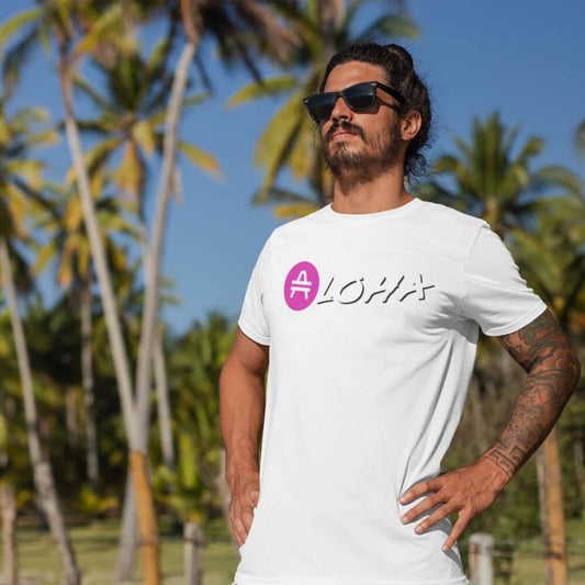 Guy standing in front of palm trees wearing a white AMP token AMP swag Aloha shirt