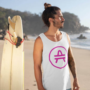 Surfer guy wearing a white amp token amp swagg alt logo tank