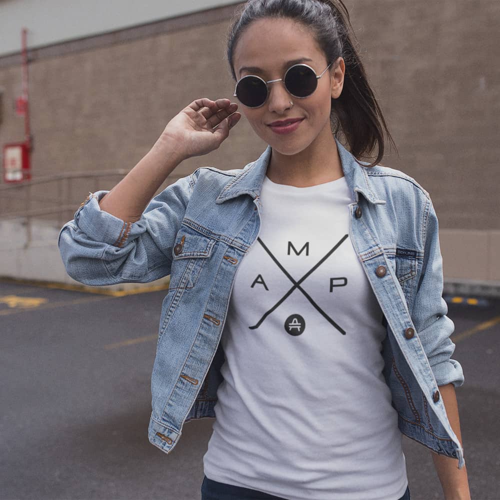 A girl rocking an AMP swagg AMP-X t-shirt in White