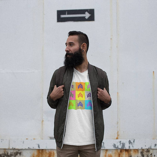 bearded man rocking an AMP Swgg AMP Token Pop Art T-shirt in White