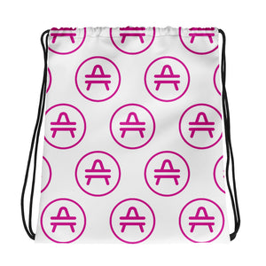 A White AMP Token AMP Swagg drawstring bag in a stencil design
