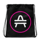 A black AMP Token AMP Swagg Drawstring bag with a stenciled AMP Token Logo