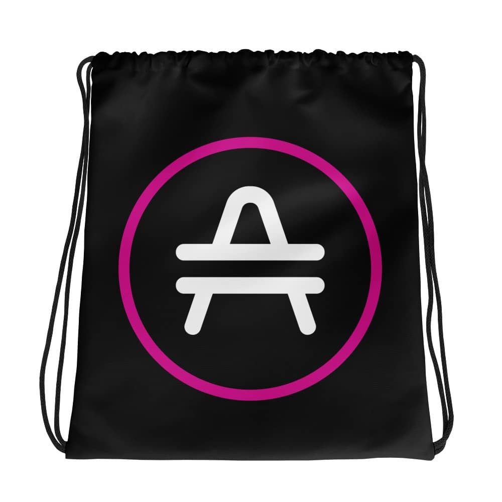 A black AMP Token AMP Swagg Drawstring bag with a stenciled AMP Token Logo