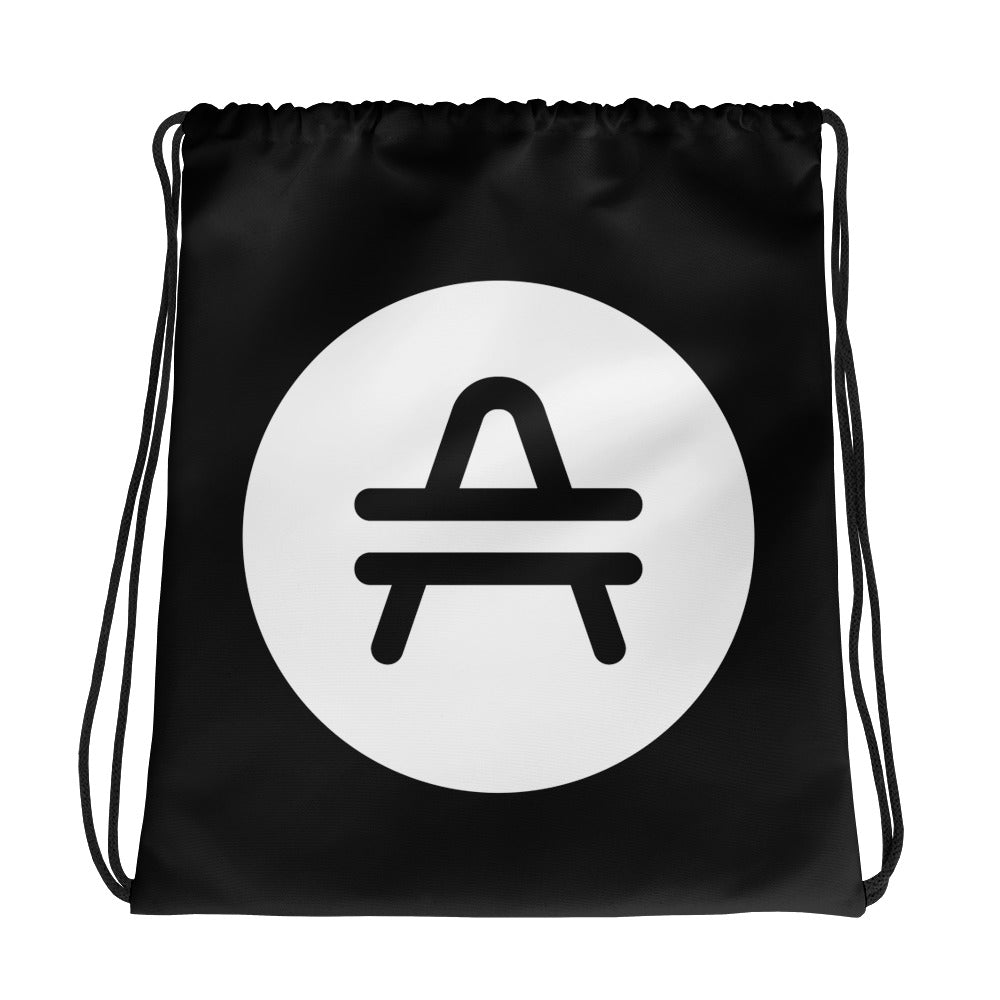 A black AMP Token AMP Swagg Drawstring bag with a white AMP Token Logo