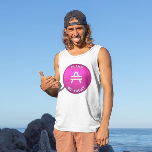 Beach guy wearing a white AMP token AMP swagg Tank