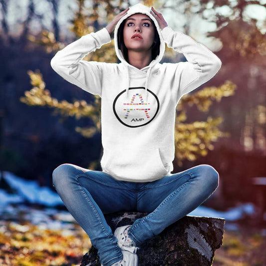 Girl on a stump wearing an AMP Swagg Global hoodie in white