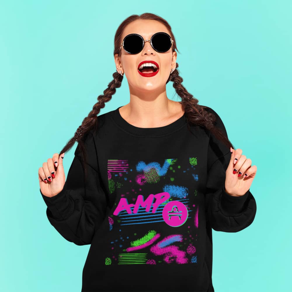 a woman wearing an AMP Swagg Retro Canvas Sweatshirt in Black