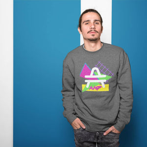 a man wearing an AMP Swagg Retro Geo Sweatshirt in Dark Heather