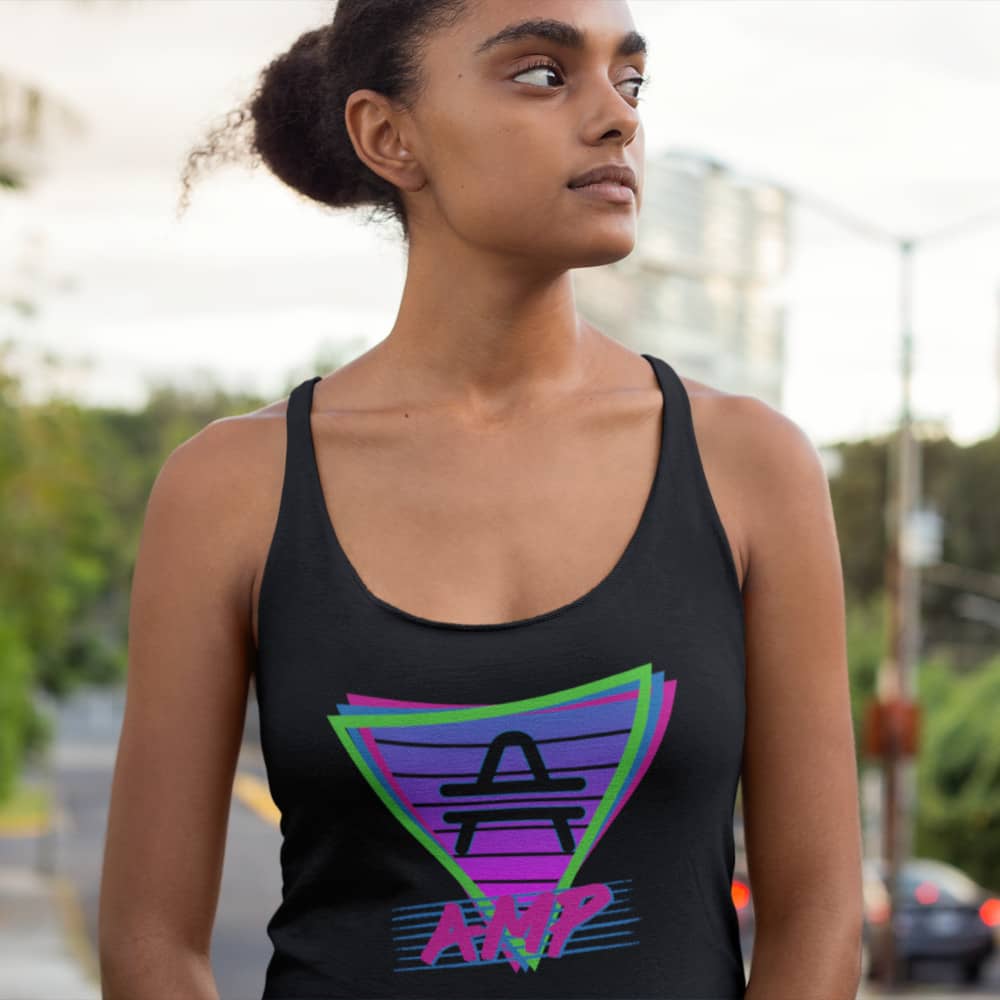 a woman wearing an AMP Swagg Retro Vice Night Racerback Tank in Black