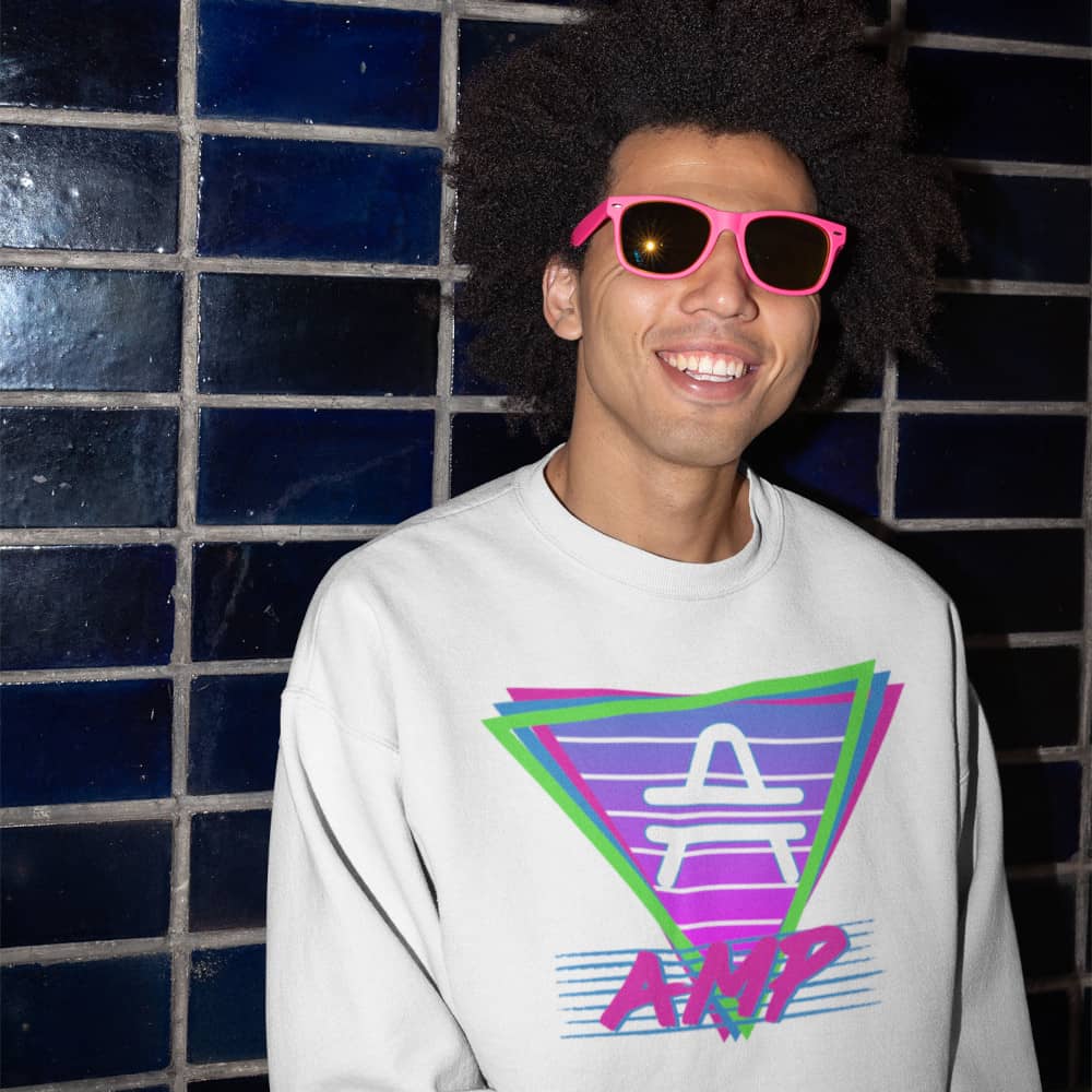 a man wearing an AMP Swagg Retro Vice Nights Sweatshirt in White