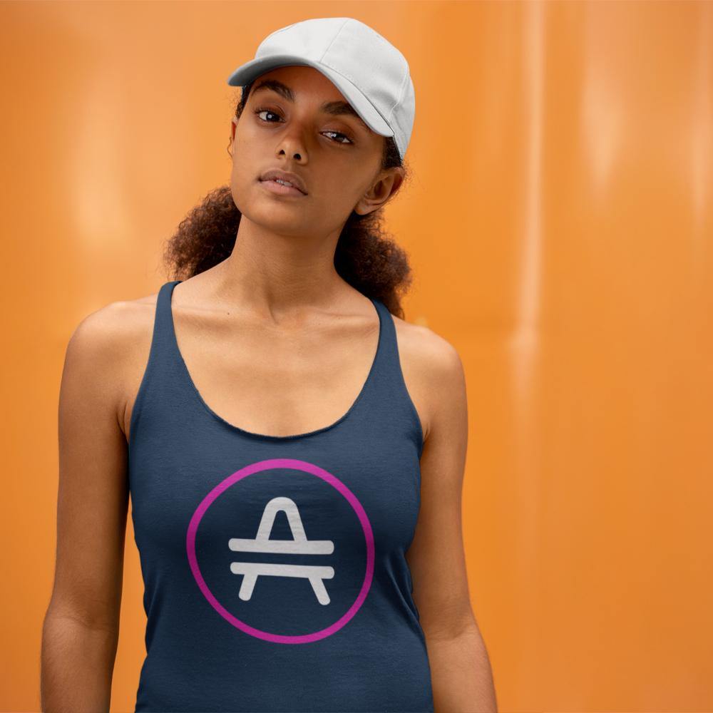 AMP Token Stenciled Alt-logo Racerback Tank in navy worn by a Women