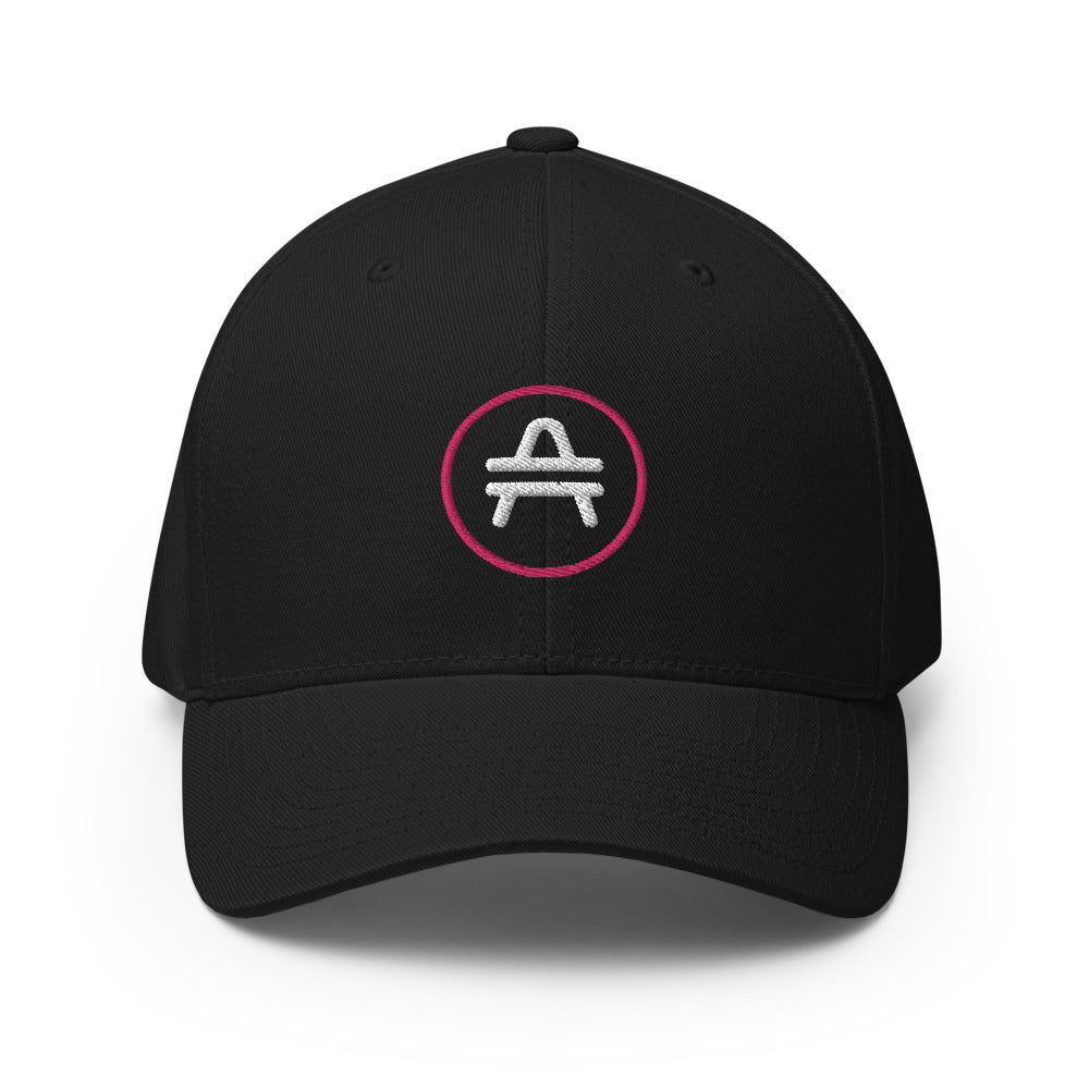 AMP Token Stenciled Alt-logo Flexfit Hat in black on display