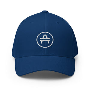 AMP Token Stenciled Alt-logo Flexfit Hat in royal blue on display