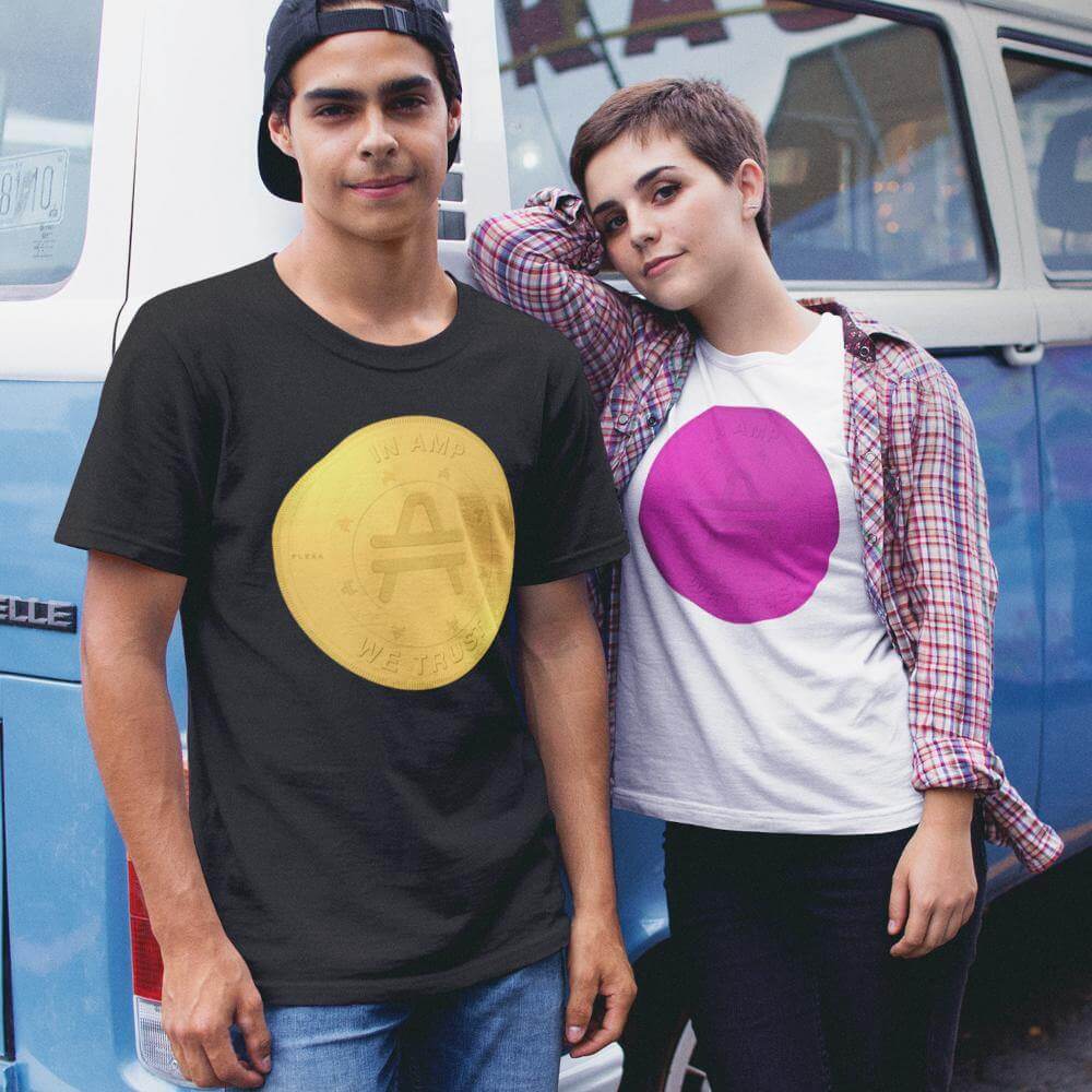 Skating couple wearing AMP token 2D rendering shirts in black and white colors