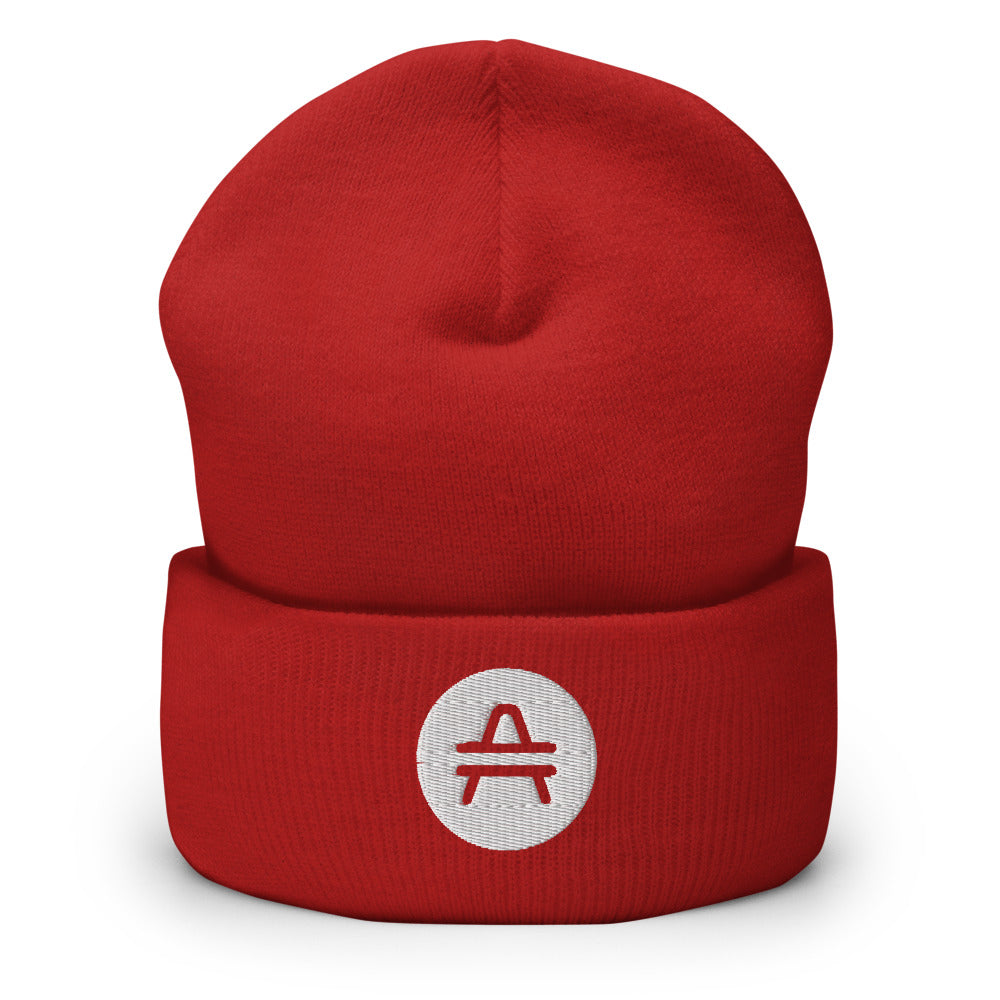 A red AMP Token AMP swagg beanie