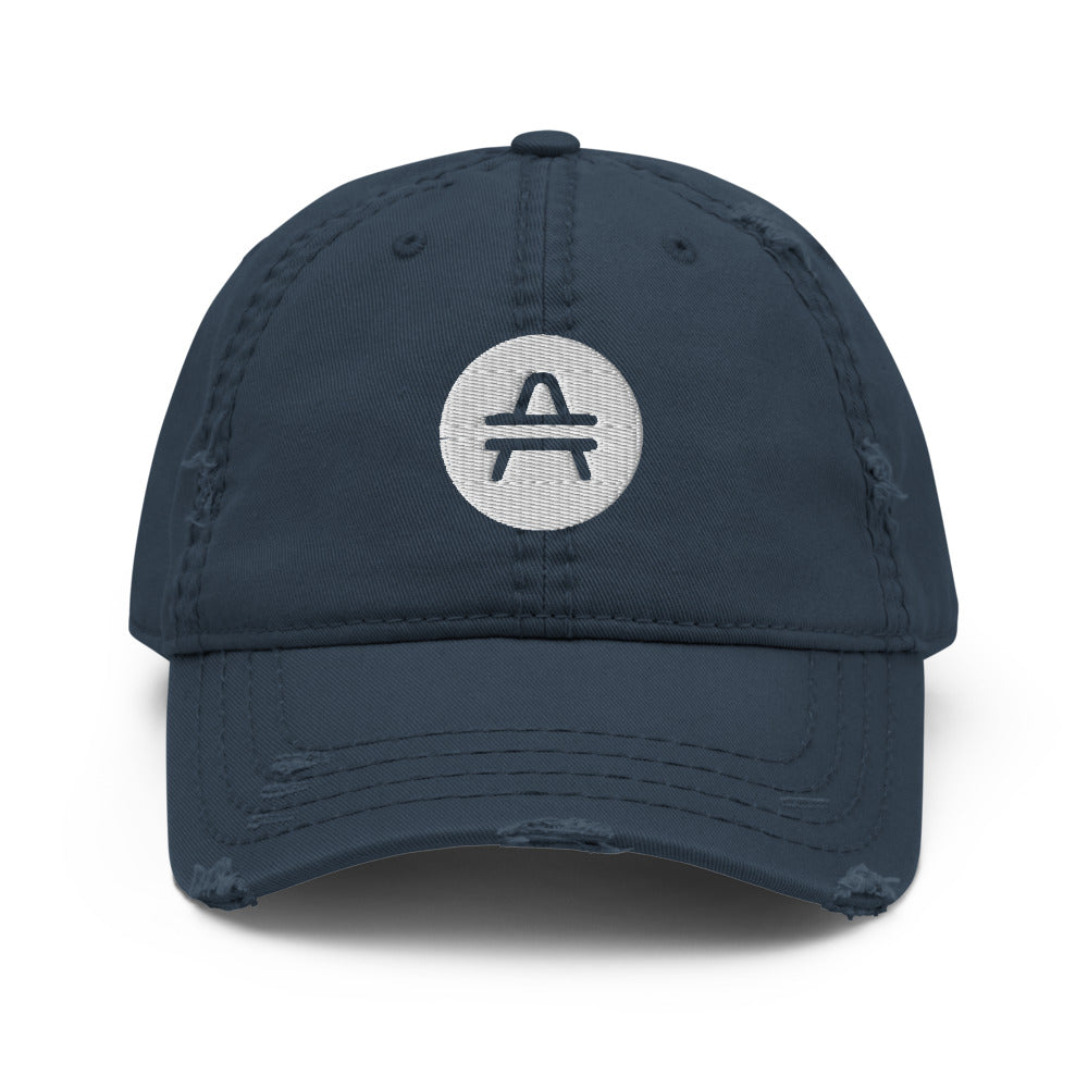 AMP Token Solid Alt-logo Distressed Hat in navy on display