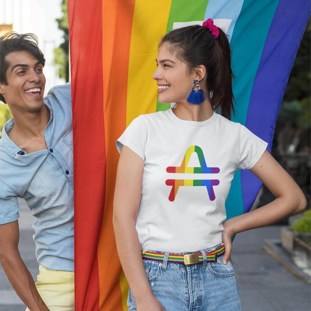 AMP Token Inverse PRIDE T-Shirt in white worn by a woman