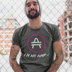 Bearded man wearing an AMP Token AMP Swagg Whale shirt in an Asphalt Color