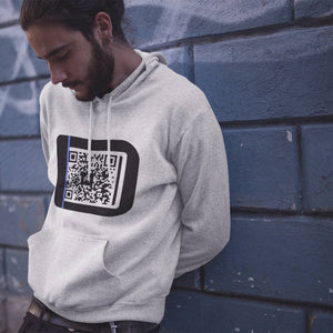 hipster rocking an AMP Swagg Hello QR hoodie in White