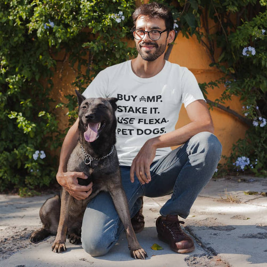 bearded man with a dog rocking an AMP Swagg Pet Dogs T-shirt in White