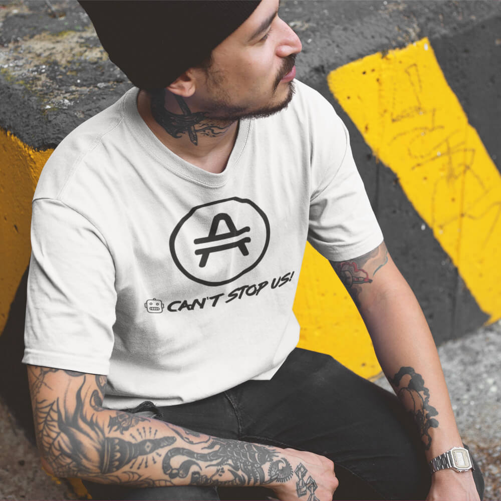 Male model with a beanie wearing an AMP Token AMP swagg Bots shirt in White