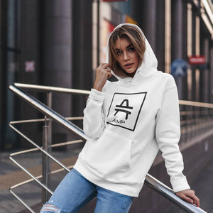 A girl rocking an AMP Swagg Vertices hoodie in White