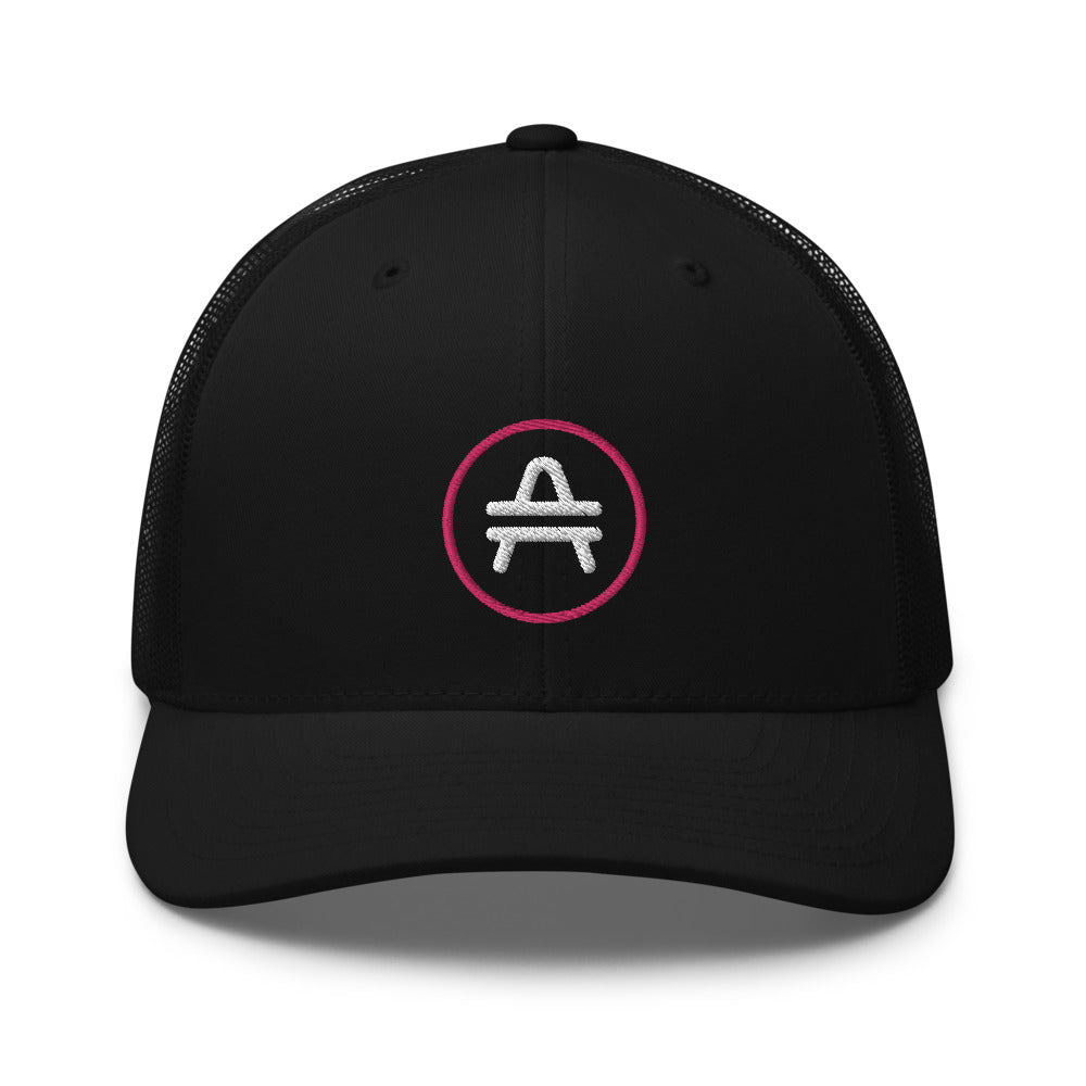 A black AMP Token AMP swagg alt-logo Trucker hat