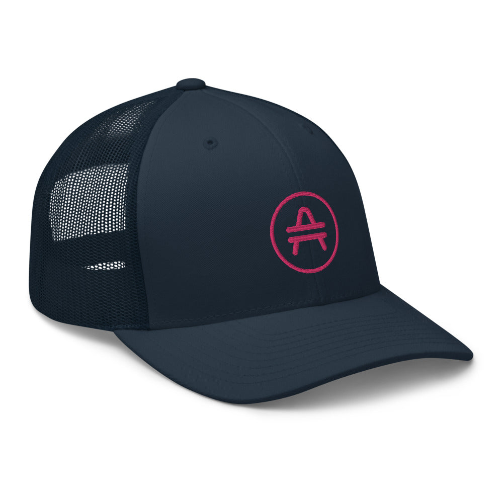 A navy AMP Token AMP swagg alt-logo Trucker hat
