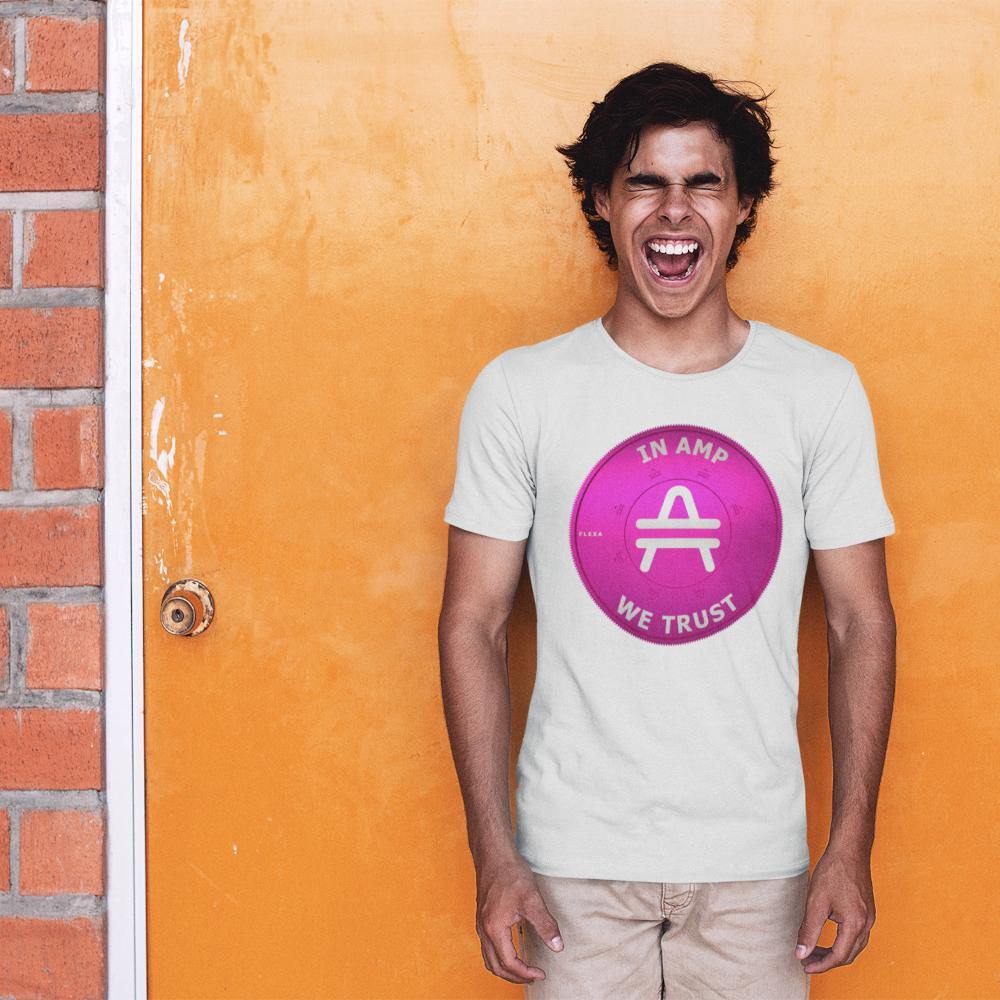 Excited Young guy Wearing AMP Token 3D AMP rendering Shirt in a White color