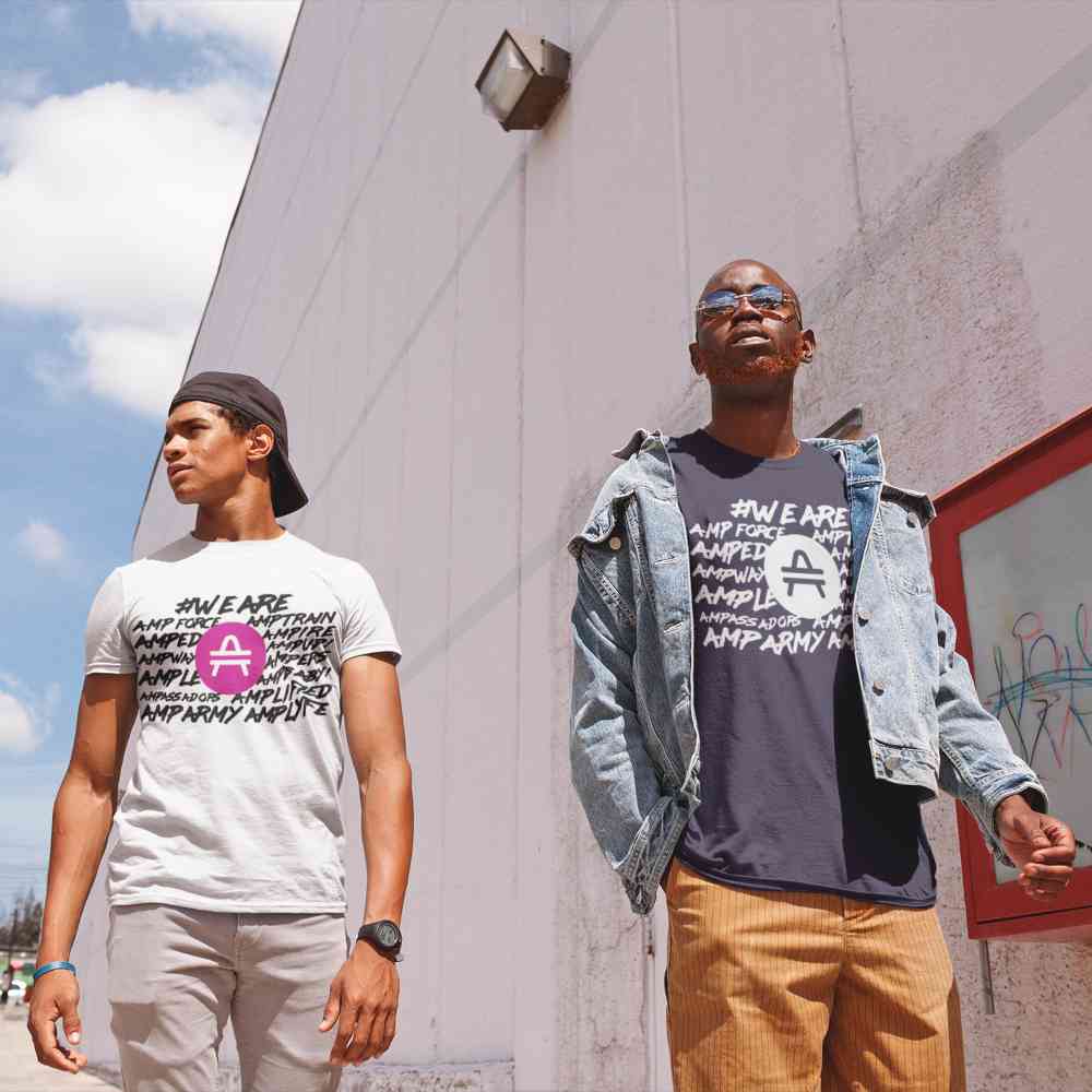 Two friends walking and rocking Amp Token We are AMP swagg shirts in white and black colors