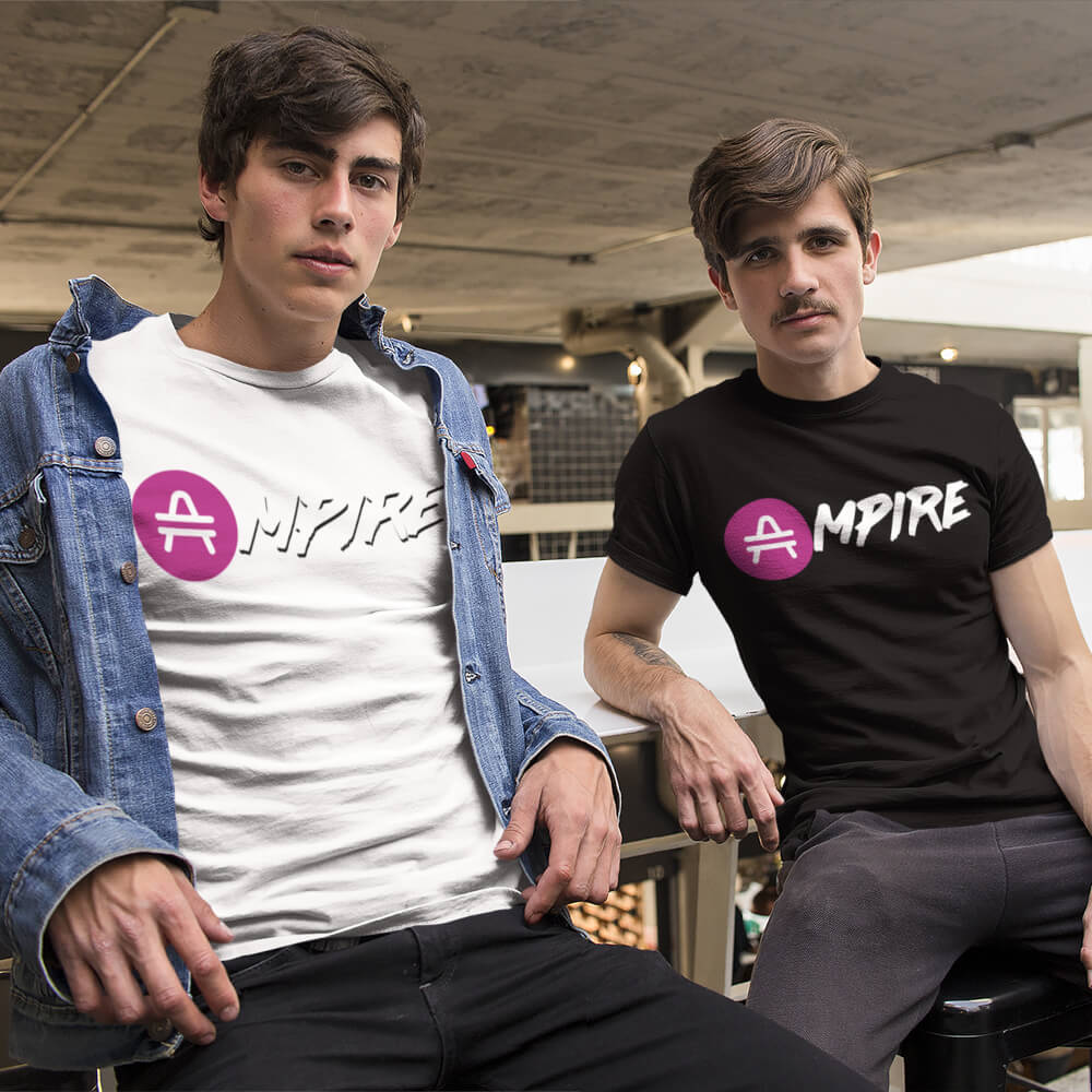 Two buddies hangingout rocking an Amp Token Amp swagg Ampire T-shirt in Black and White